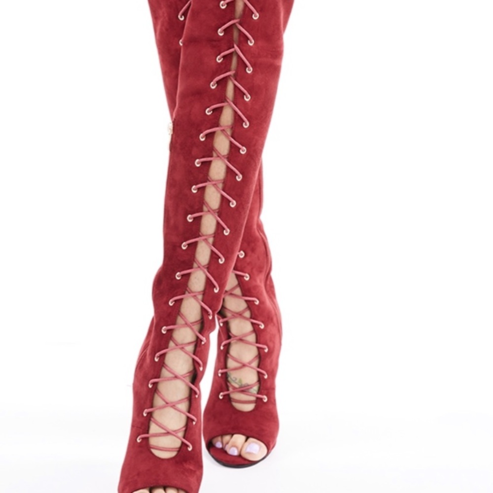 LACE UP, PEEP TOE, STILETTO HEEL, THIGH HIGH BOOTS